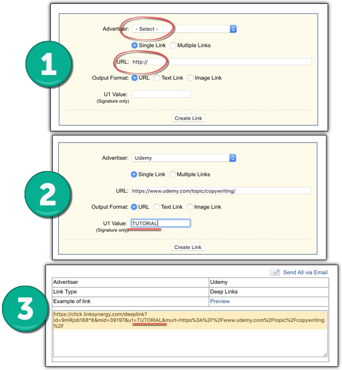screenshot of steps 1, 2, and 3 of how to track affiliate links with Rakuten