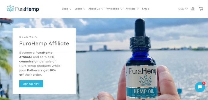 screenshot of the affiliate sign up page for PuraHemp