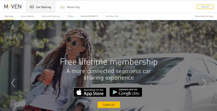 Maven website screenshot showing a woman with a car
