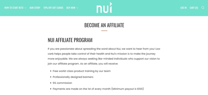 screenshot of the affiliate sign up page for Nui