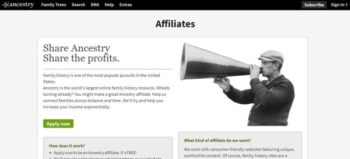 screenshot of the affiliate sign up page for Ancestry