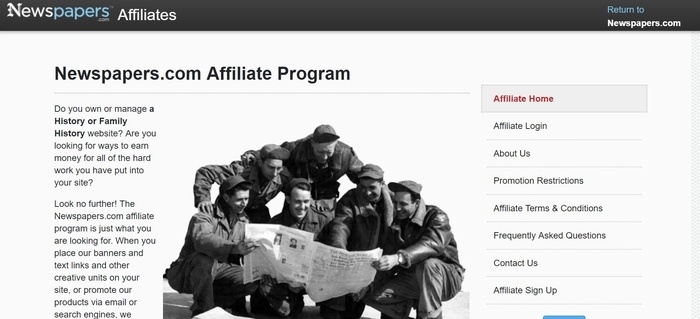 screenshot of the affiliate sign up page for Newspapers.com