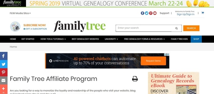 screenshot of the affiliate sign up page for Family Tree Magazine