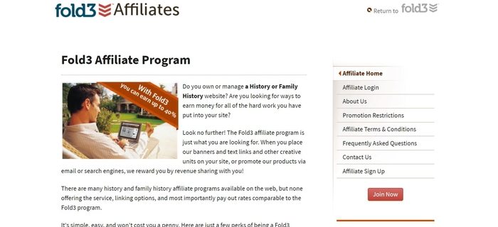 screenshot of the affiliate sign up page for Fold3