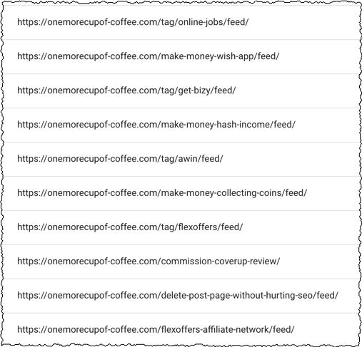 screenshot of blog feed URLs not indexed