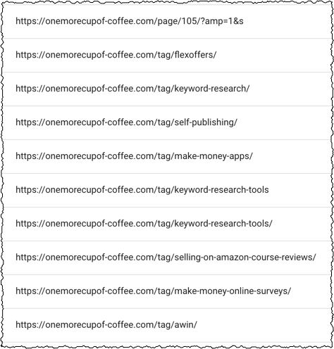 screenshot of tag pages that are not indexed in search console