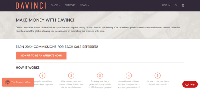 screenshot of the affiliate sign up page for DaVinci Vaporizer