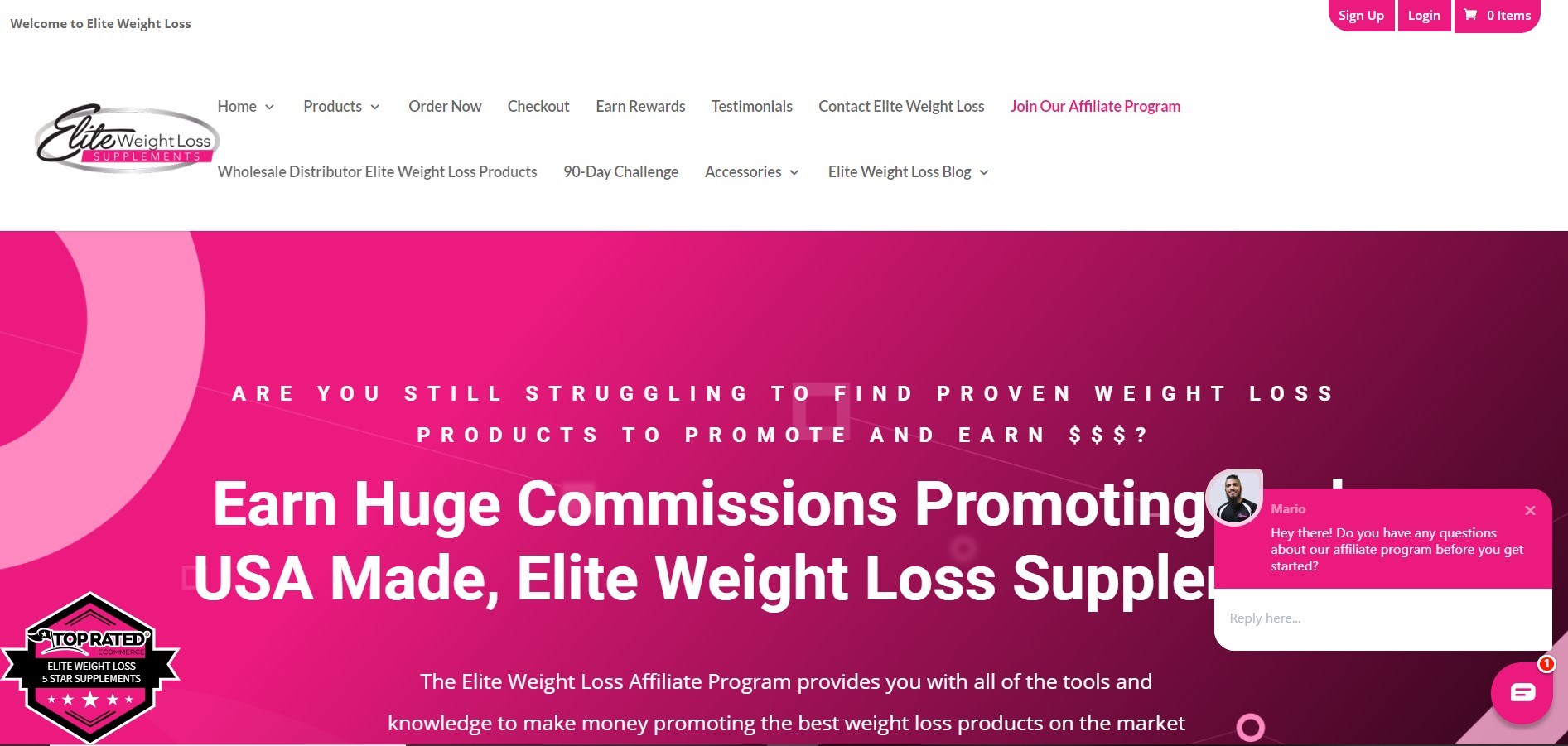 This screenshot shows a hot pink background with white-lettered text promoting the Elite Weight Loss supplements.