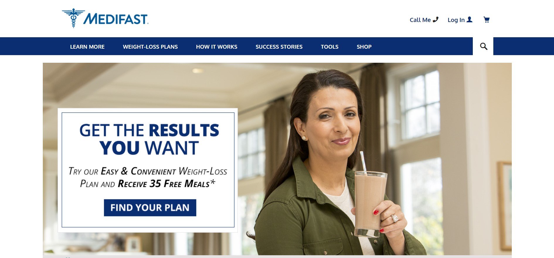 This screenshot includes a photo of a woman in a green jacket holding a Medifast meal replacement shake.