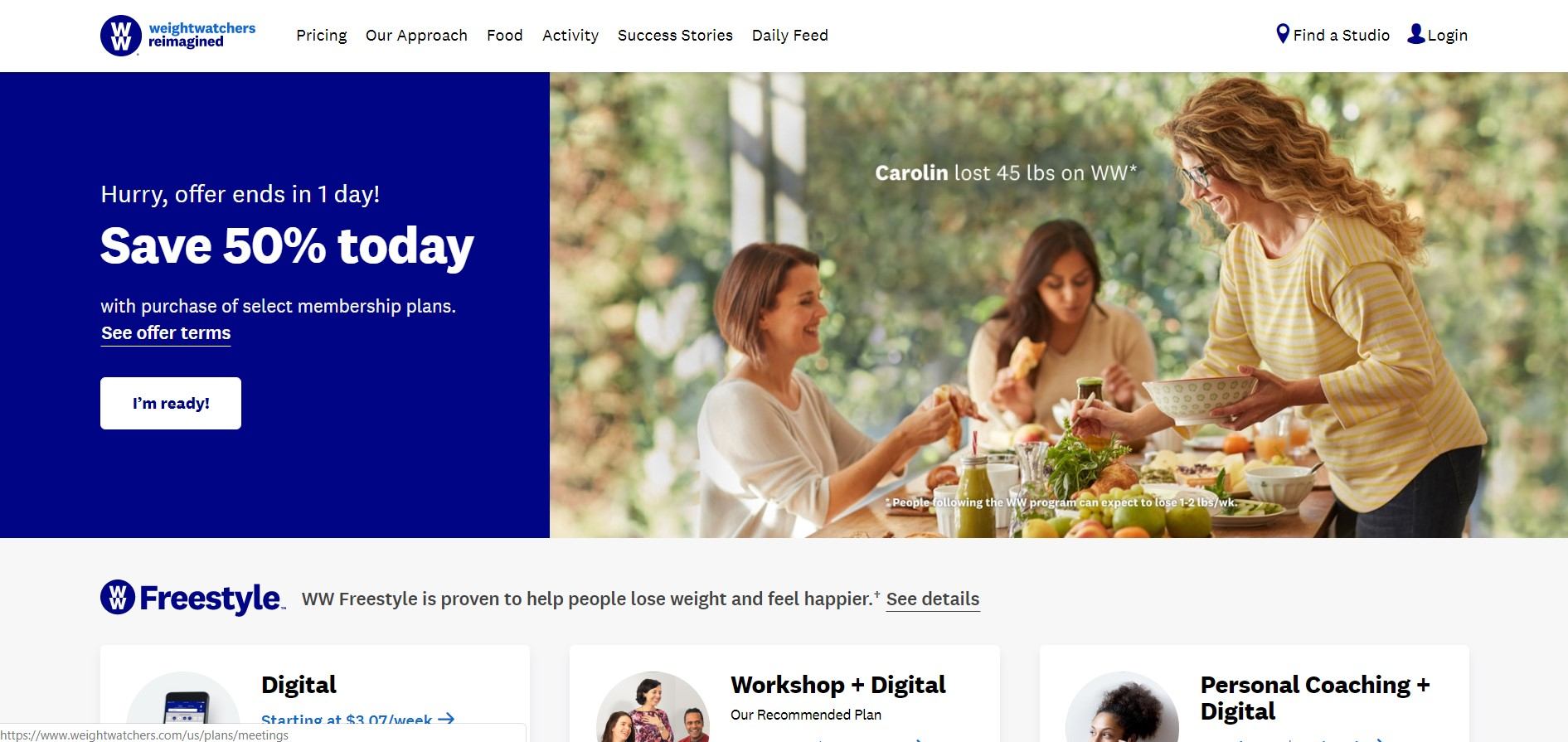 This Weight Watchers screenshot includes a photo of a group of women smiling and eating a healthy meal together.
