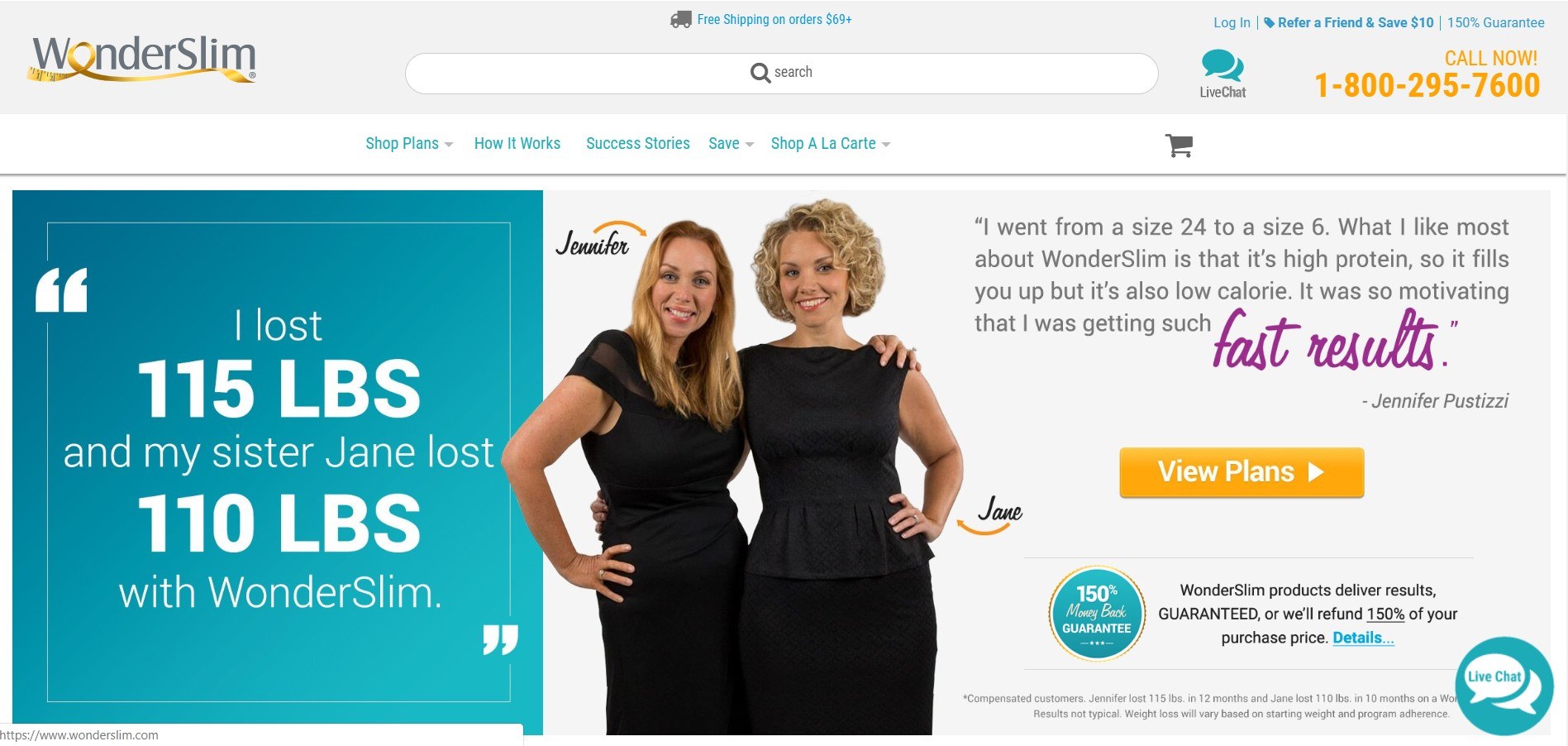 This screenshot includes an image of two sisters wearing black who both lost several pounds using the Wonderslim meal replacements.