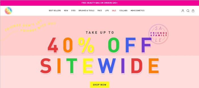 这张BH化妆品主页的截图显示，在粉红色的背景上，彩虹色的字体显示了一个四折的广告。