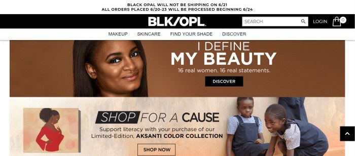 这张Black Opal主页的截图显示，一个棕色背景的女人上面写着“我定义我的美丽”，而一个棕色背景的女孩上面写着“为事业购物”。