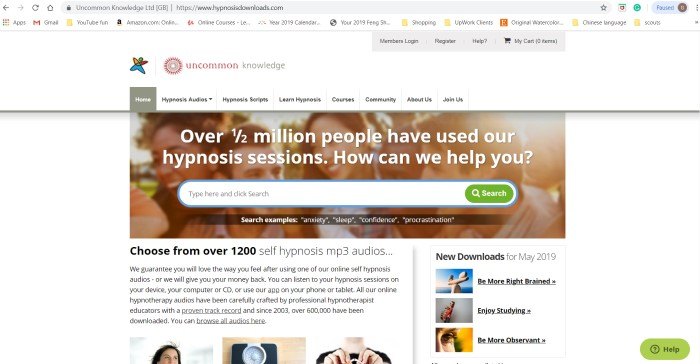 This screenshot of the home page for Hypnosis Downloads/Uncommon Knowledge is mostly text on a white background, with one banner-type photo of people having fun together near the header.