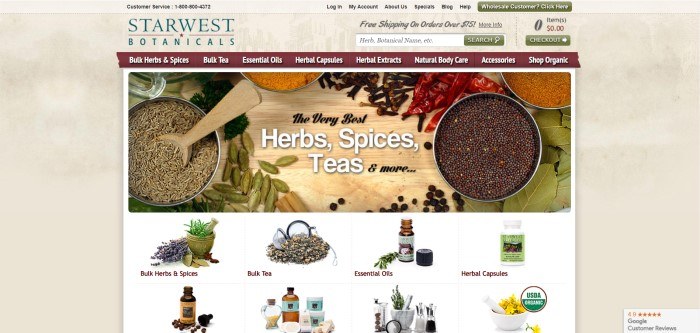 This screenshot of the homepage for Starwest Botanicals is an overhead view of a wooden counter with a few loose herbs and some canisters filled with herbs.