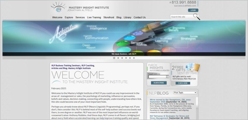 screenshot of Mastery InSight Institute homepage, with grey header with the website's name and main navigation menu, a banner image, and a welcome message