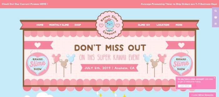 This screenshot of the Kawaii Slime homepage has a light blue background with pink and dark pink graphics announcing a super event that was held in July 2019 and a dark pink navigation bar with white lettering.