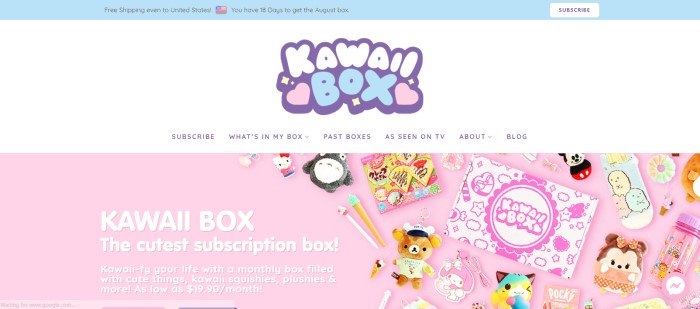 This screenshot of the homepage for Kawaii Box has a white background with a pink window showing the various items that could come in a subscription box, along with text in white lettering announcing this company's cute kawaii items.