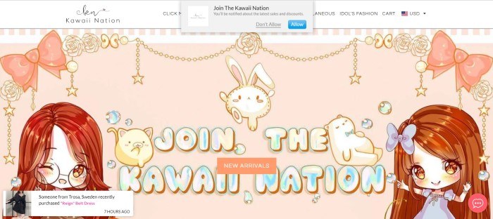 This screenshot of the homepage for Kawaii Nation shows a pale peach background with various kawaii graphics on it, including girls, bunnies, and stars, along with the words 