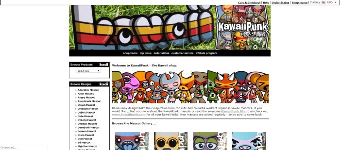This screenshot of the homepage for Kawaii Punk has a white background, a large Kawaii Punk multi-colored banner, and an image of several Kawaii Punk mascots standing in a row.