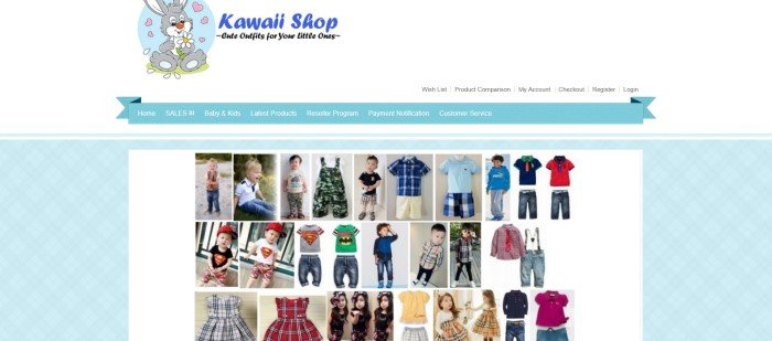 This screenshot of the homepage for Kawaii Shop has a white and light blue background with several small photos of children in cute kawaii outfits.