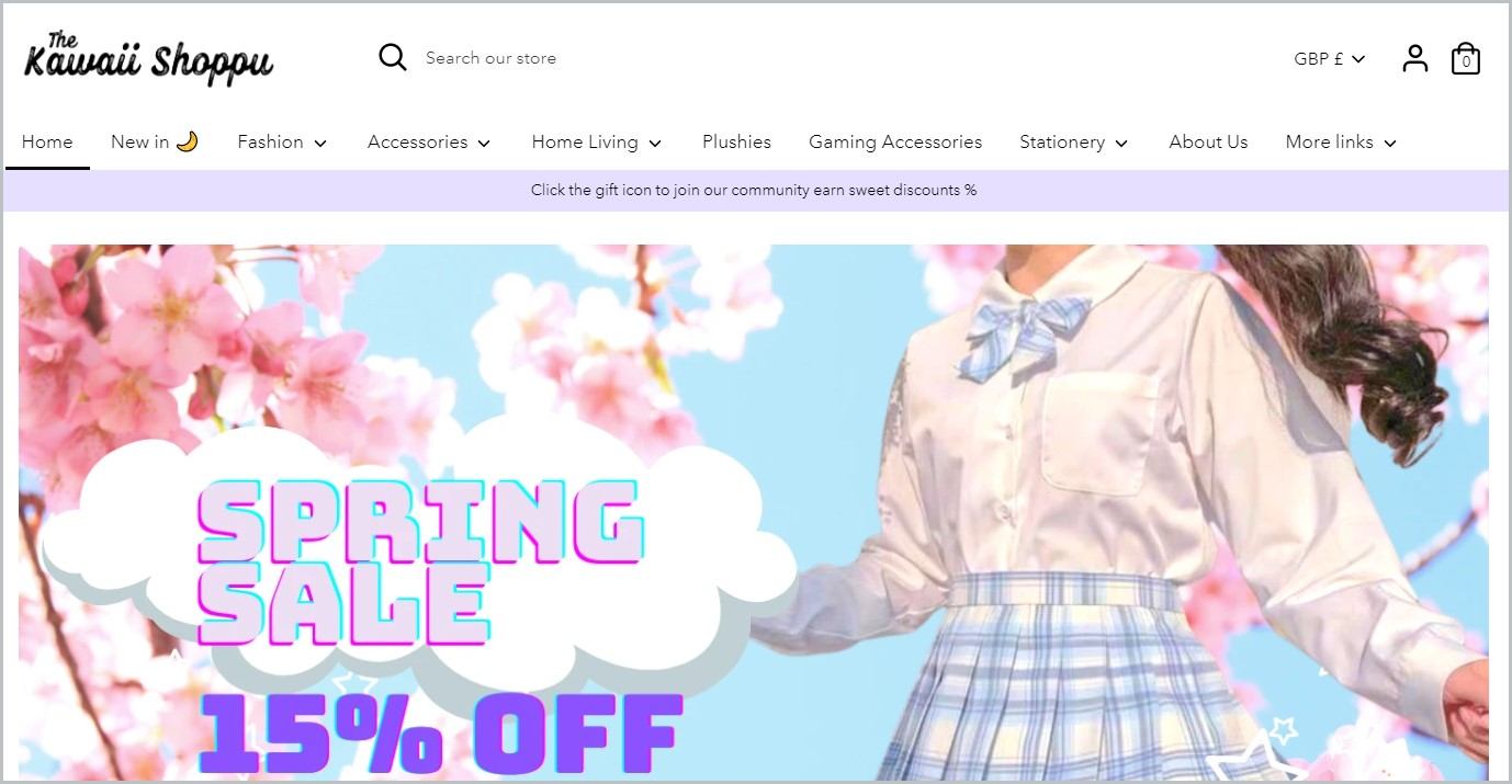 卡哇伊的截图Shoppu主页showcasing a partial image of a girl in white long-sleeved top and white and blue checkered skirt school uniform and pink cherry blossoms