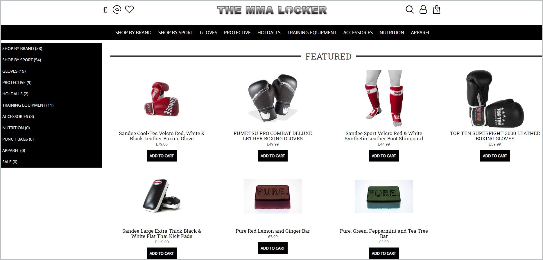 MMA Locker主页的截图，展示了他们提供的产品的图片