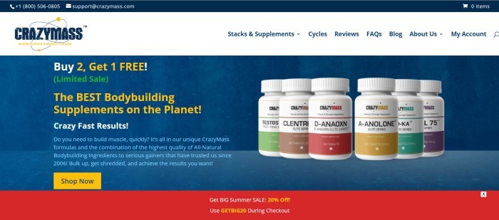 This screenshot of the home page for Crazy Mass has a blue background with red and white accents and white, green, and yellow text announcing a buy-two, get-one-free sale, along with a row of around 5 different sports supplement products.
