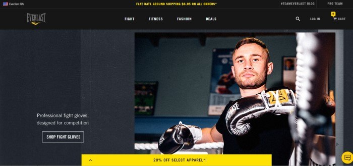 Everlast主页的截图是黑色背景，白色字体，黄色的号召按钮，以及一张戴着Everlast手套和黑色t恤的年轻人在拳击场上的照片。