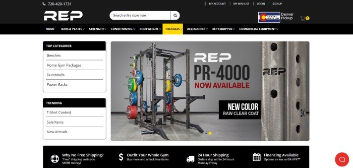 This screenshot of the home page for REP fitness shows a large home gym setup with weight racks and colorful weight plates on them in a room with a gray floor and gray walls.