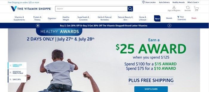 This screenshot of the home page for The Vitamin Shoppe shows a child on the shoulders of a man, who is facing away, while both of them raise their arms in a victorious 'show-me-your-muscles' pose, along with blue and green text announcing a program called Healthy Award and a blue call-to-action button.
