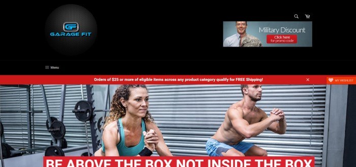 The screenshot for the home page for Garage Fit shows a photo of a man and a woman exercising below a large black header and above a red text box with white lettering that reads 