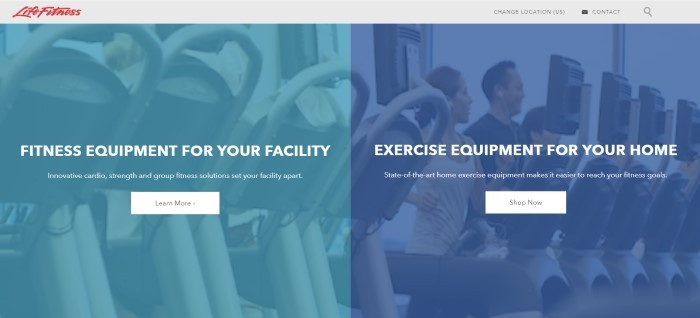This screenshot of the home page for Life Fitness shows a teal-filtered photo of exercise equipment on the left and a blue-filtered photograph of people working out on the right, with white words indicating that the gym equipment can be purchased for home or commercial use.