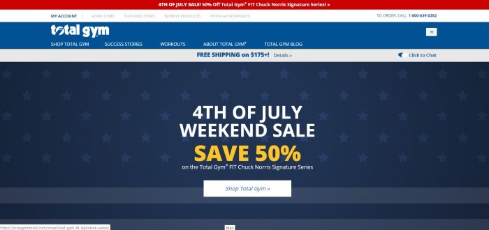 This screenshot of the home page for Total Gym has a large announcement on a dark blue background for a Fourth-of-July sale, under a white and royal blue header with white lettering.