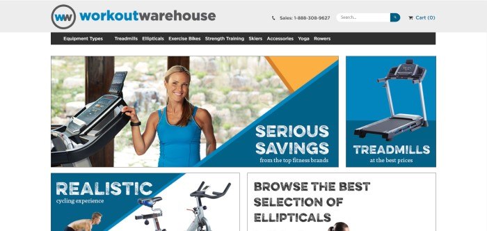 This screenshot of the home page for Workout Warehouse shows a picture of a woman in workout clothes standing beside a piece of workout equipment, with the words 'serious savings' in white lettering over a teal triangular overlay, above a section with a white background showing some workout equipment pieces.
