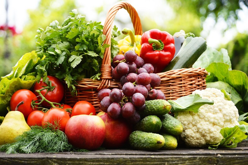 这张照片展示了一篮子新鲜水果和蔬菜，包括西红柿、黄瓜、葡萄和红甜椒，代表了最好的食品联盟计划。