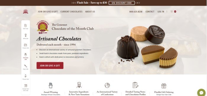 这张月度巧克力美食俱乐部主页的截图包括一个白色背景，上面是各种巧克力的褪色图片，后面是一个弹出的四种巧克力的照片，黑色的文字和一个栗色的呼吁行动按钮，介绍手工巧克力。