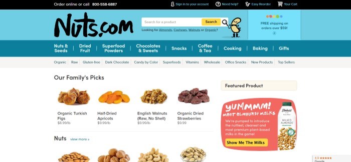 这是nuts.com主页的截图，白色背景上有一个蓝色的标题，上面显示了几种坚果和干果产品。