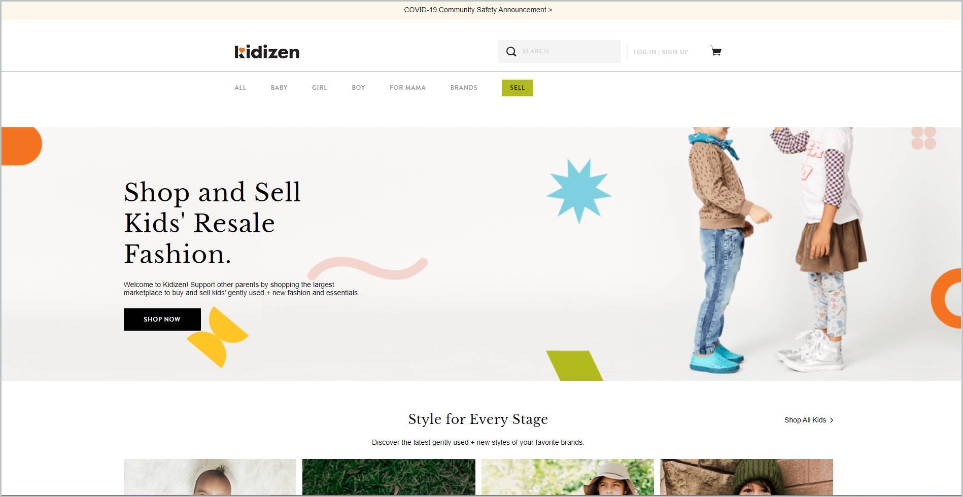Kidizen主页的截图，米色的公告栏，白色的标题栏上有网站的名字和主导航菜单，展示了两个穿着衣服的孩子