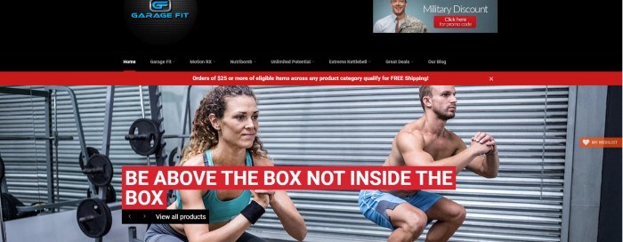 This screenshot of the home page for Garage Fit includes a black navigation bar above a photo of a man and a woman doing squats in a room with weights and weight racks, behind text that reads 