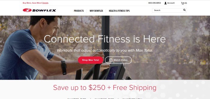 This screenshot of the home page for Bowflex includes a photo of a dark-haired man in a blue shirt using the Max Trainer, behind white text that reads 