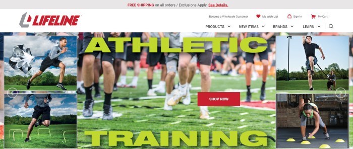This screenshot of the home page for Lifeline Fitness includes several pictures of athletes, including a large photo of men who appear to be playing Rubgy on a green field, behind light green text that reads 