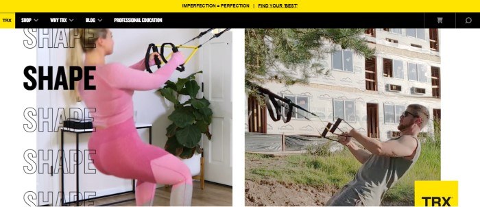 This screenshot of the home page for TRX Training has a photo of a blonde woman in pink workout clothing using TRX suspension fitness equipment, and a photo of a man in grey using similar equipment.
