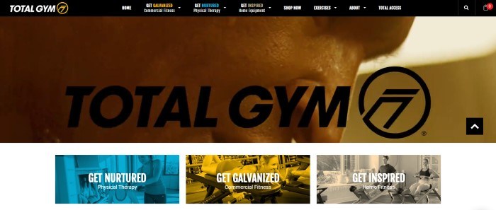 This screenshot of the home page for Total Gym shows a close-up profile of the face of a man who appears to be working out, behind black text reading 