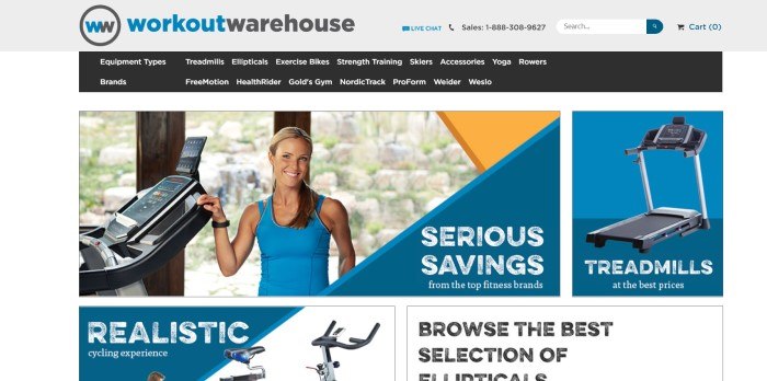 This screenshot of the home page for Workout Warehouse shows a photo of a woman in a blue tank top smiling next to a sophisticated treadmill, near photos of other fitness equipment, including a treadmill and a stationary bicycle.