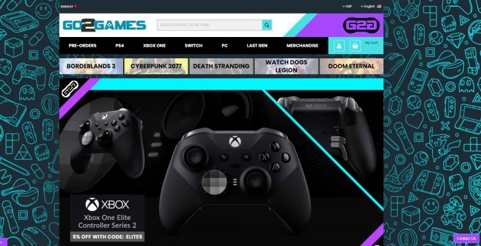 这张Go2Games主页的截图是黑色背景，主部分后面是水绿色的游戏设备形状，其中包括黑色、水绿色和紫色元素，以及白色搜索栏、黑色导航栏和Xbox One控制器的大图，以及它们的广告和折扣代码。