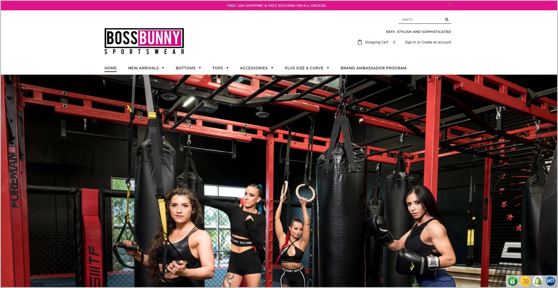 screenshot of Boss Bunny homepage, with pink announcement bar, white header with the website's name and main navigation menu, it showcases an image of women in their workout outfit in a gym