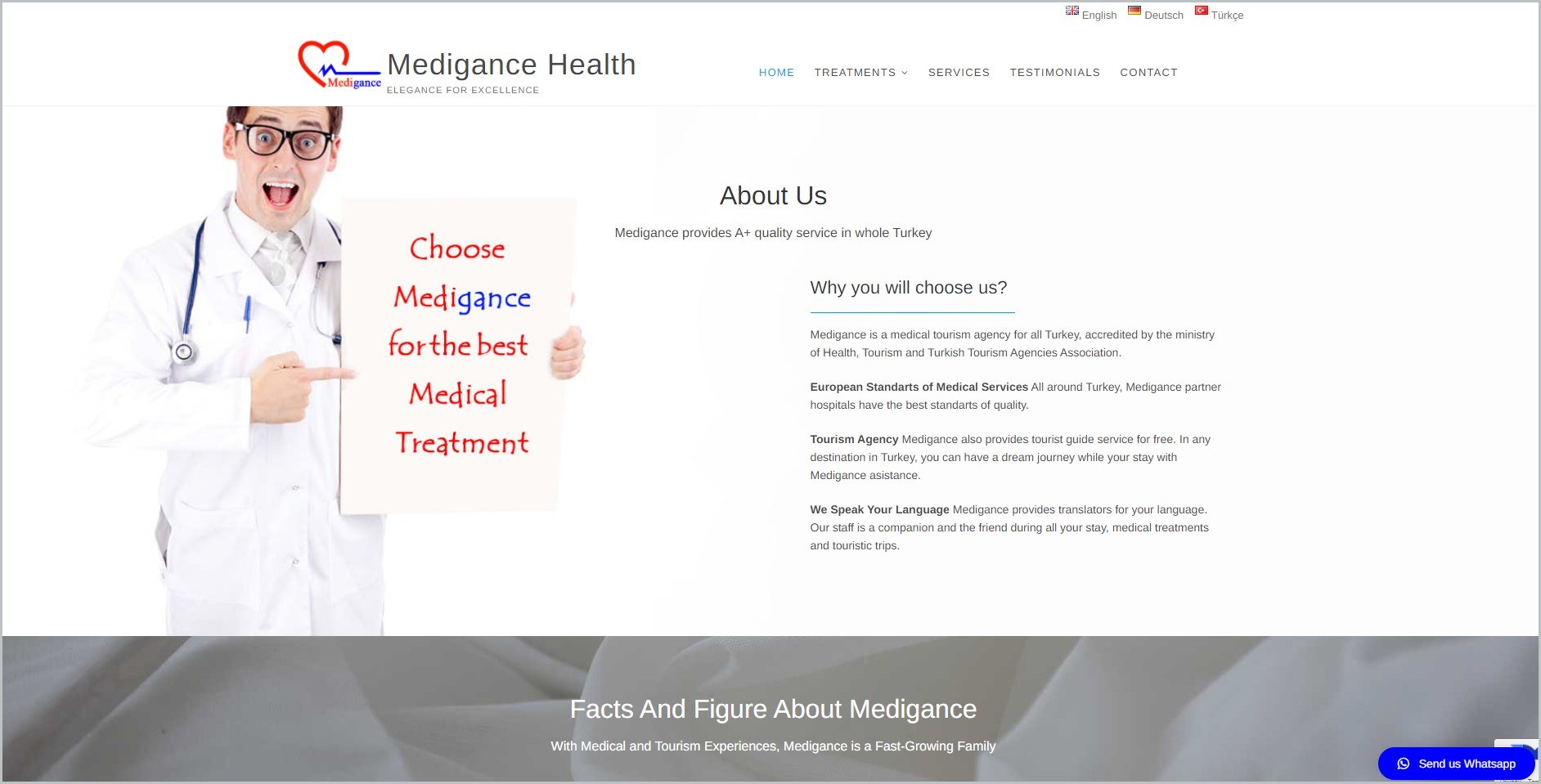 screenshot of Medigance homepage with white header bearing the website's name and main navigation menu
