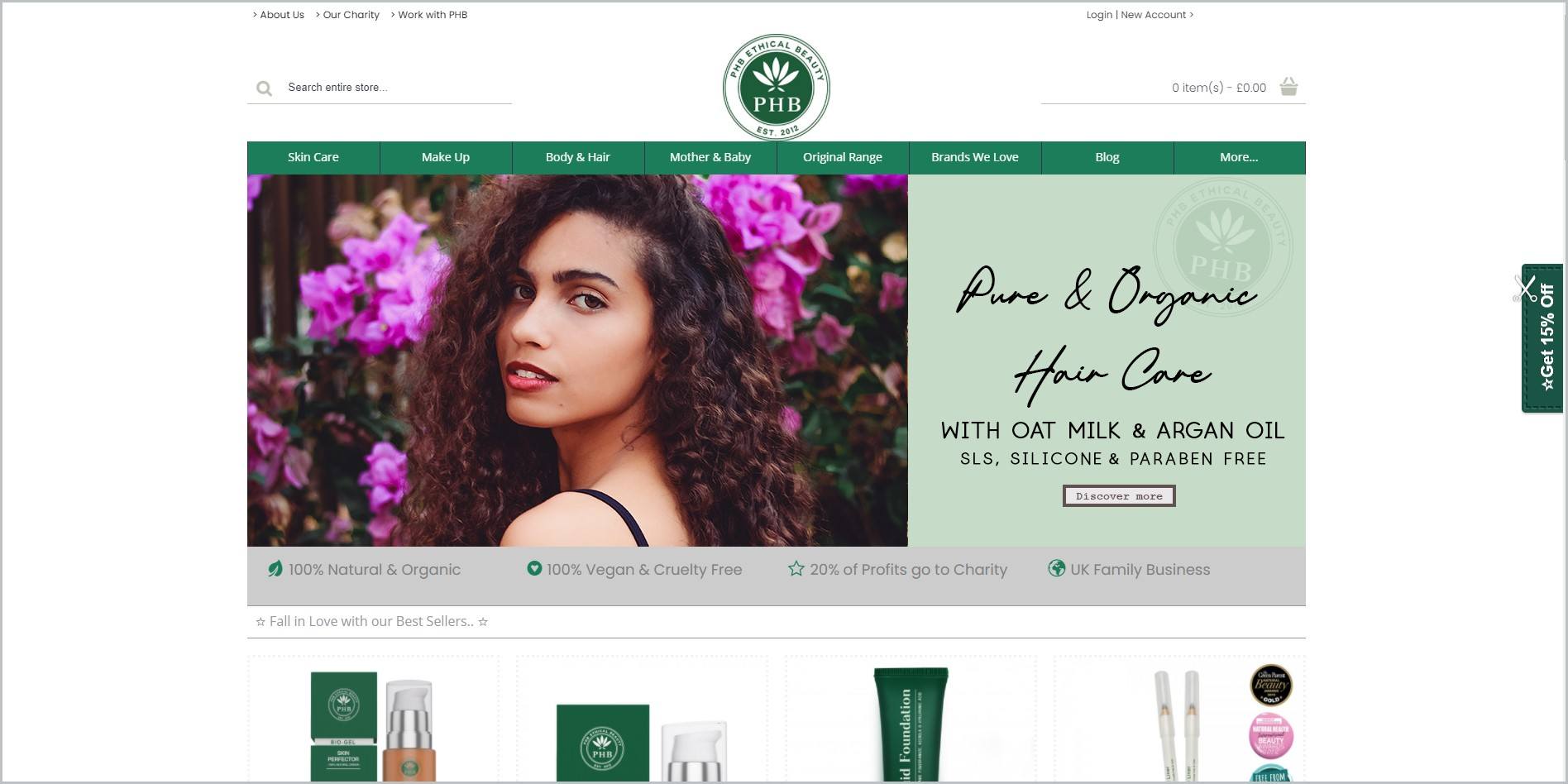 PHB Ethical Beauty网站的截图，白色的标题是网站的名称和标志，下面是绿色的主导航栏，它还展示了一个女人的形象以及网站的一些产品