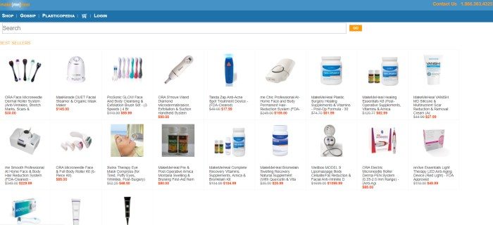 This screenshot of the home page for Make Me Heal has a blue header and a white background with several product images and descriptions of them in black and red text.